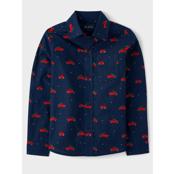 The Childrens Place Long Sleeve Button Down Shirt Christmas Truck Print Boys 2T - Picture 1 of 5